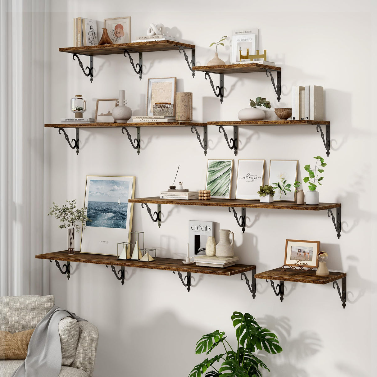 Fun Memories 40 Inch Floating Shelves Wall Mounted, 12 Inch Deep Wall Shelves with Bracket, Rustic Hanging Bookshelf, 40" Bookshelves for for Living Room, Kitchen and Bedroom, Rustic Brown, Set of 2 Fun Memories