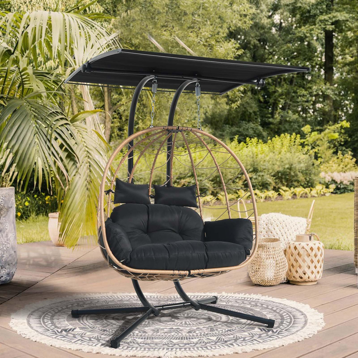 Double Egg Chair wth Stand Hammock Swing Chair Foldable Hanging Loveseat, Outdoor Hammock Egg Chair for Patio, Bedroom, Garden and Balcony (Black) VIXLON