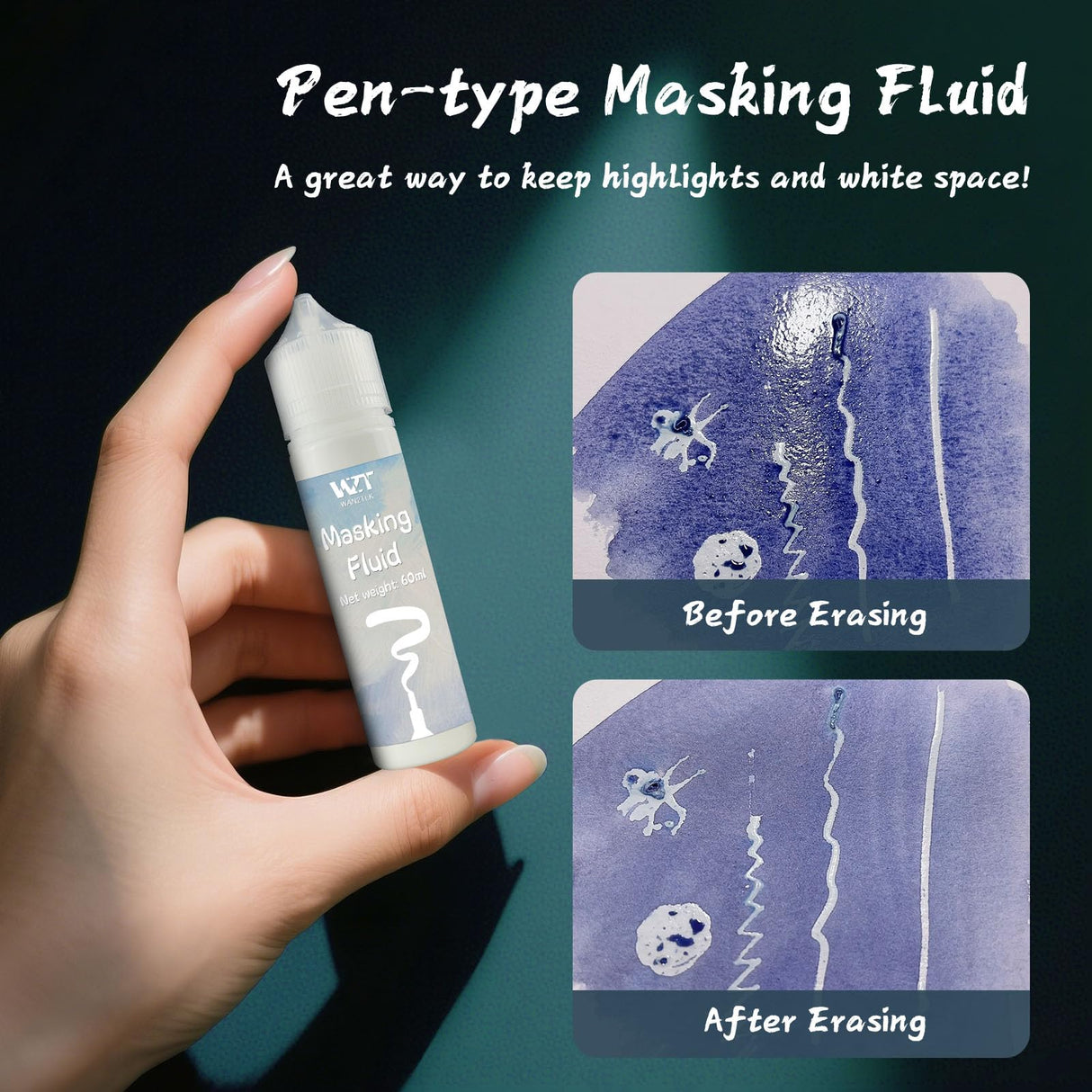 WAN2TLK Masking Fluid for Watercolor Painting - 60ml White with a Paintbrush and Eraser - Art Masking Fluid Pen Watercolor Medium Art Supplies for Artists WAN2TLK
