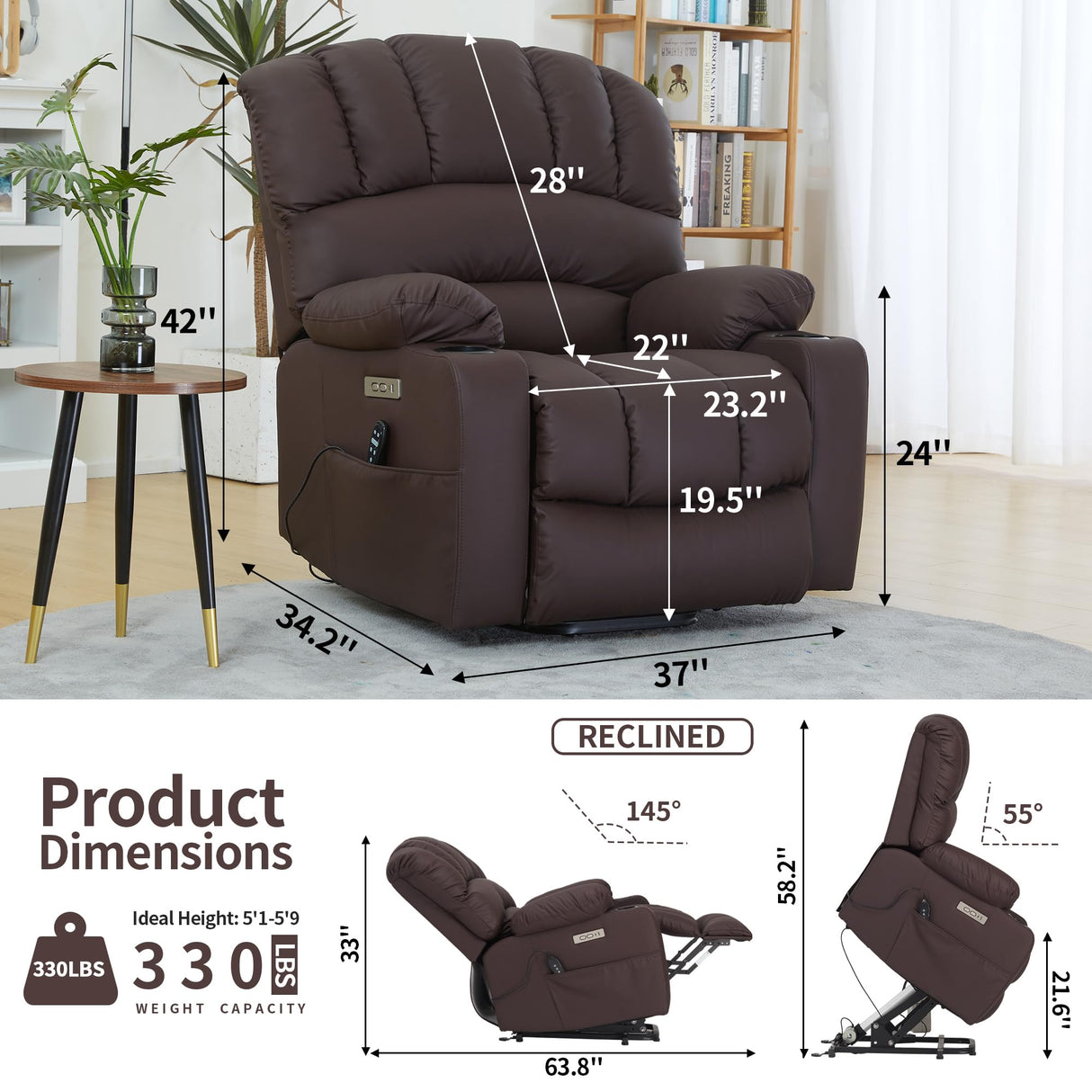 DURASPACE Power Lift Recliner Electric Lift Massage Recliner Chairs with Heat, Large Shell Faux Leather Backrest Lift Chair Recliners for Elderly, Seniors (Brown) DURASPACE