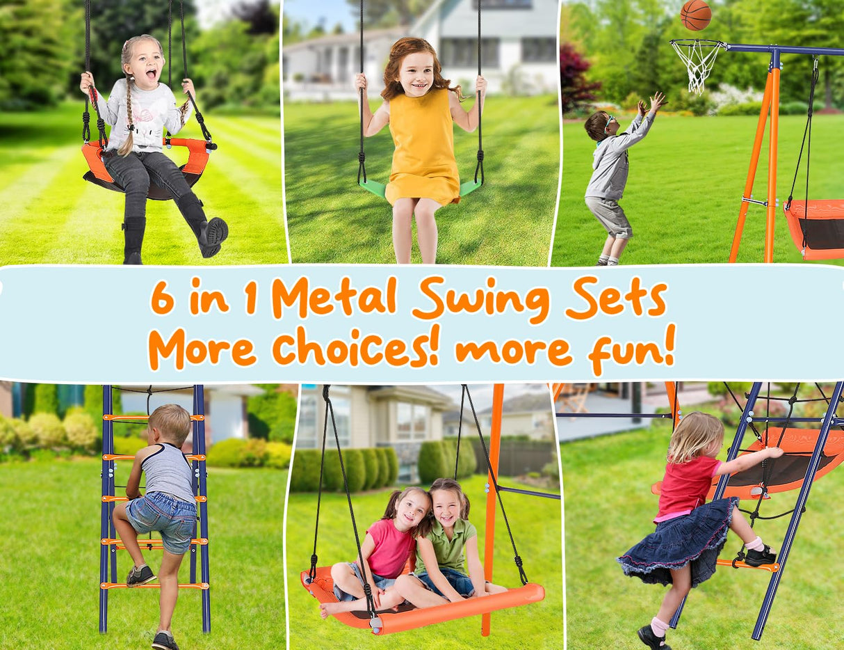 Swing Sets for Backyard, 6 in 1 Swing Set Outdoor for Kids 3-12, 700 lbs Heavy Duty Metal Toddler Playset Swingset for Playground with 3 Adjustable Swings, Basketball Hoop, Climbing Ladder and Nets Soldow