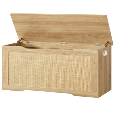 usikey 39.4” Storage Chest with Rattan, Wooden Storage Bench with 2 Safety Hinges, Lift Top Storage Box with Gel Bumpers, Shoe Bench, Supports 220 lb, for Living Room, Bedroom, Entryway, Natural