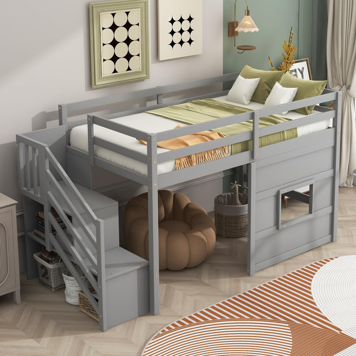 Harper & Bright Designs Low Loft Bed with Stairs, Twin Bed Frame for Kids with Storage, Gray Harper & Bright Designs