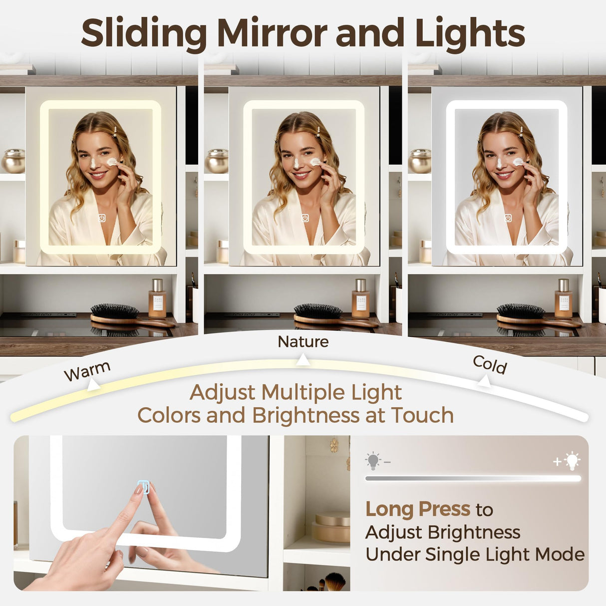 Farmhouse Makeup Vanity Desk with Sliding Mirror and Lights, Glass Desktop Makeup Vanity Desk with Charging Station, 3-Tier Hidden Slide-Out Vanity Shelves, Jewelry Storage Cabinet, 2 Drawers-White Jocoevol