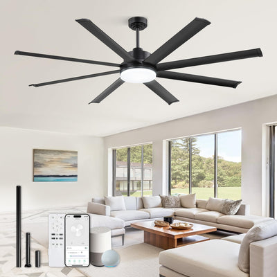 ZMISHIBO 72 Inch Smart Ceiling Fan with Light, Large Industrial Ceiling Fan with Modern 8 Aluminum Blades, 3000-6000K Dimmable, 6 Speeds, Black Fan Light with Remote/Alexa/App for Patio Living Room