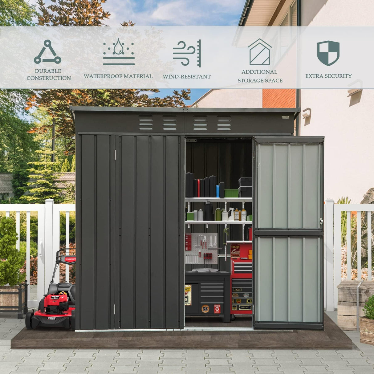Domi Outdoor Storage Shed 5' x 3’, Metal Garden Shed with Galvanized Steel Frame for Bike, Tools, Lawn Mowers, Pool Toys, Outdoor Storage Cabinet with Lockable Door for Garden Lawn Patio (Dark Grey) domi outdoor living