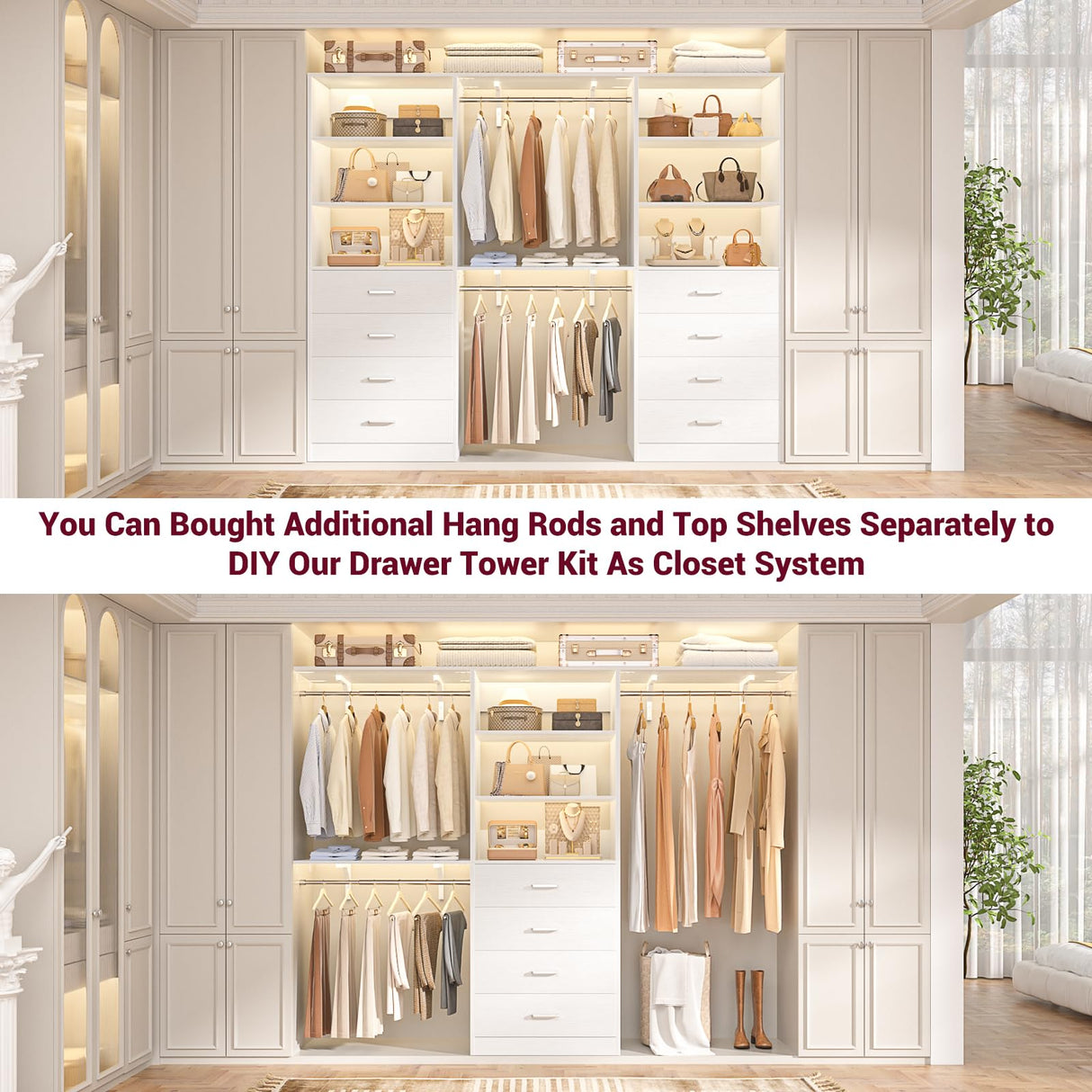 Aheaplus Closet Drawers System, 21.3" Wood Closet Organizer System with 4 Drawers, Modular Walk-in Closet System Storage Unit, Small Closets Wardrobe Rack, Tall Storage Cabinet Unit, White Aheaplus