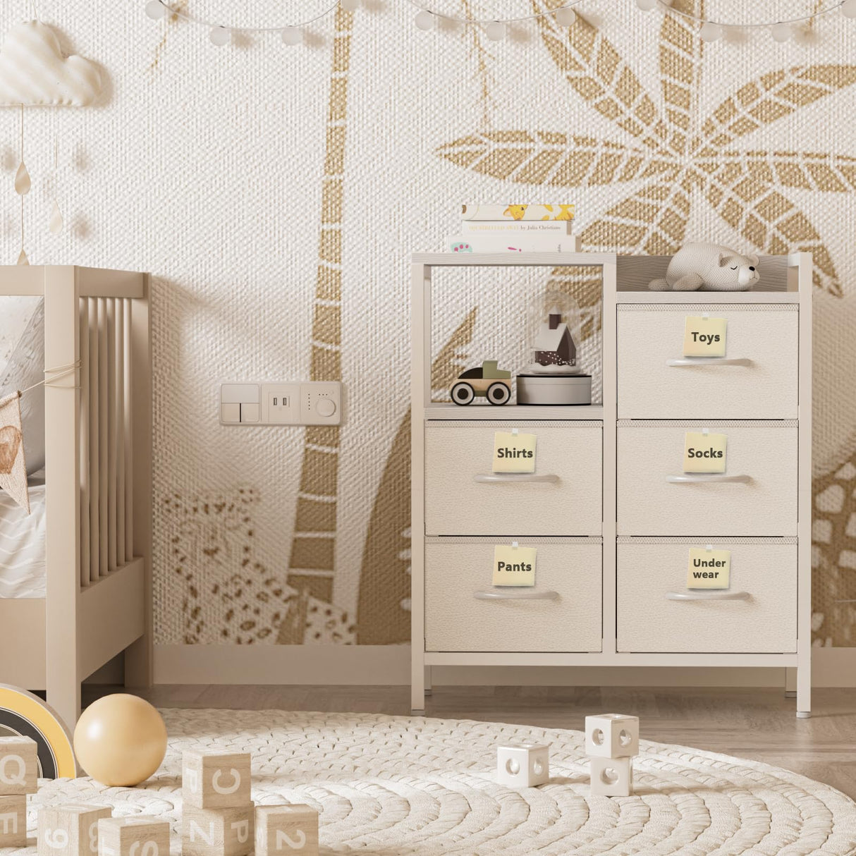 Furnulem 5 Drawer White Dressers for Bedroom Tall 2 Tier Shelf Storage Small Fabric Dresser for Closet Sturdy Metal Frame Modern Dresser Bedroom Dresser with Drawers for Hallway Rooms Furnulem