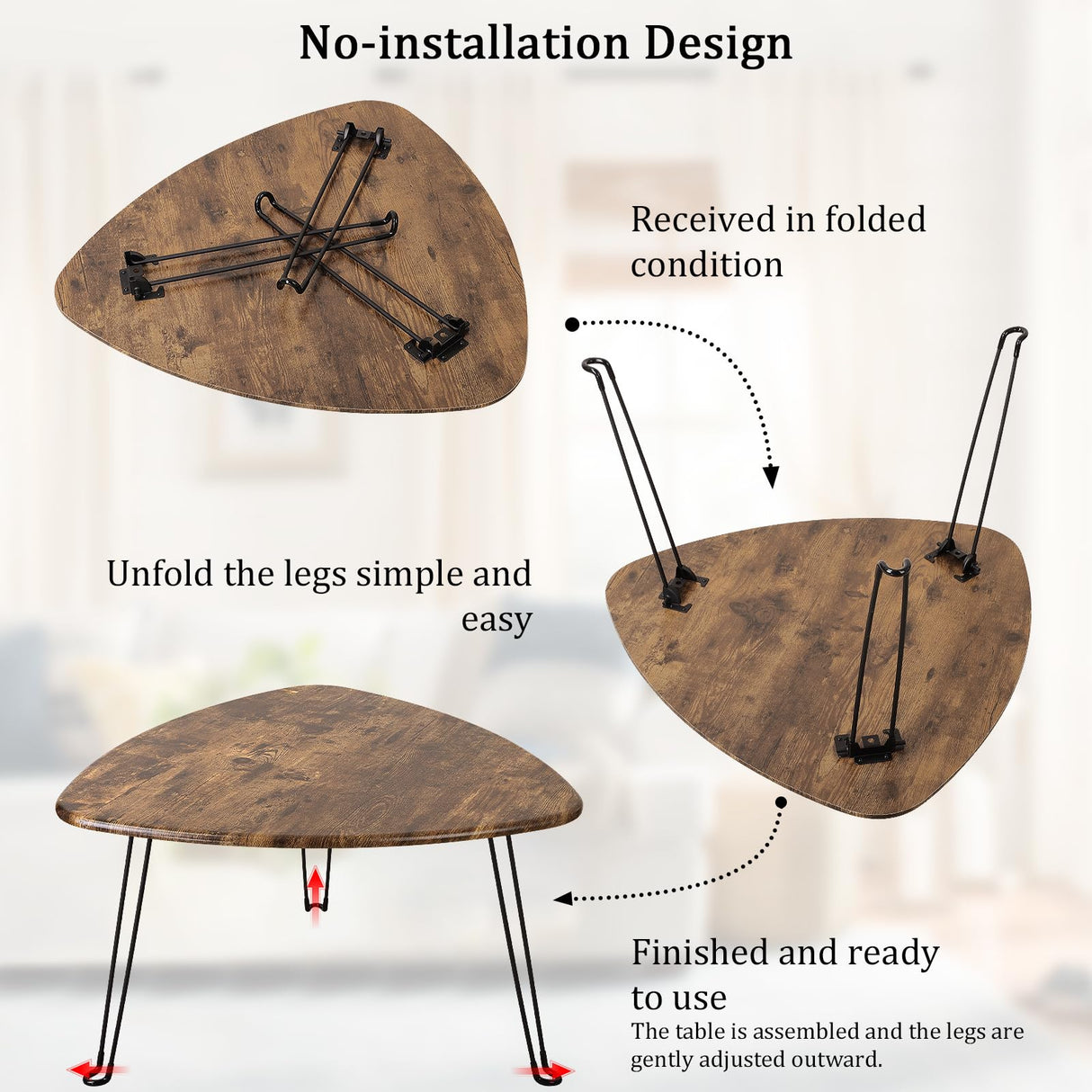 FEUFOAM Folding Coffee Table Triangle Designs Oval Coffee Tables Mid Century Wooden Triangular Accent Table with Metal Legs Foldable Industrial Sofa Center Table for Living Room Space Saving FEUFOAM