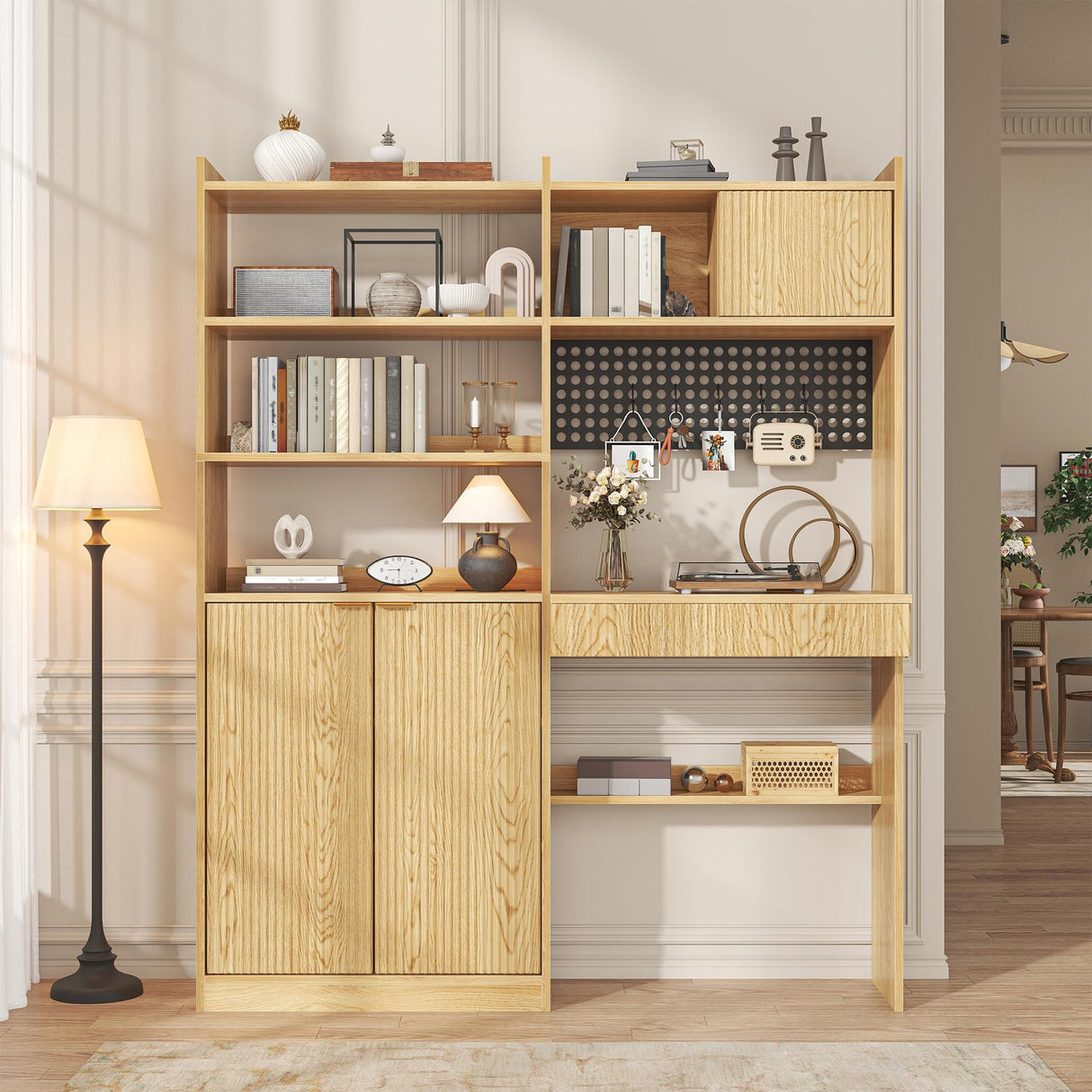 Semoic 70.87" Tall Bookshelf with Door & Drawer, 6 Tier Wooden Bookcase with LED Light & Power Outlets, Large Wide Book Shelf with Storage Cabinet, Floor Standing Display Shelf for Living Room, Brown Semoic