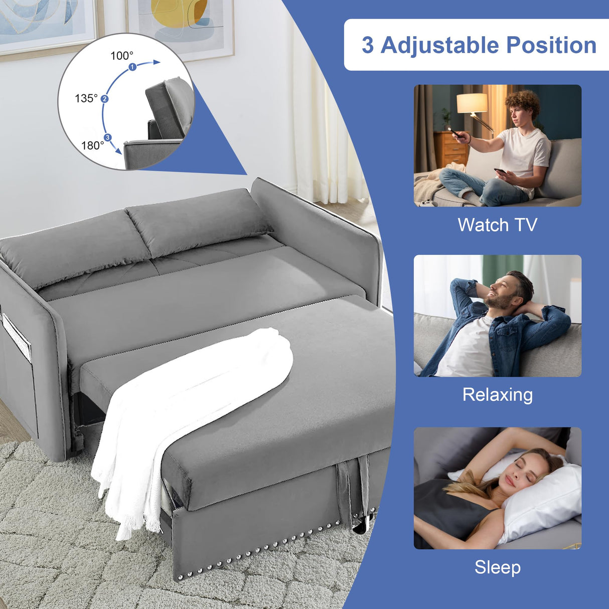 SumKea 3-in-1 Sleeper USB Port Adjustable Velvet Convertible Sofa with Pull Out Bed, 2 Pillows & Side Pocket – Ideal for Living Room and Bedroom, Grey SumKea