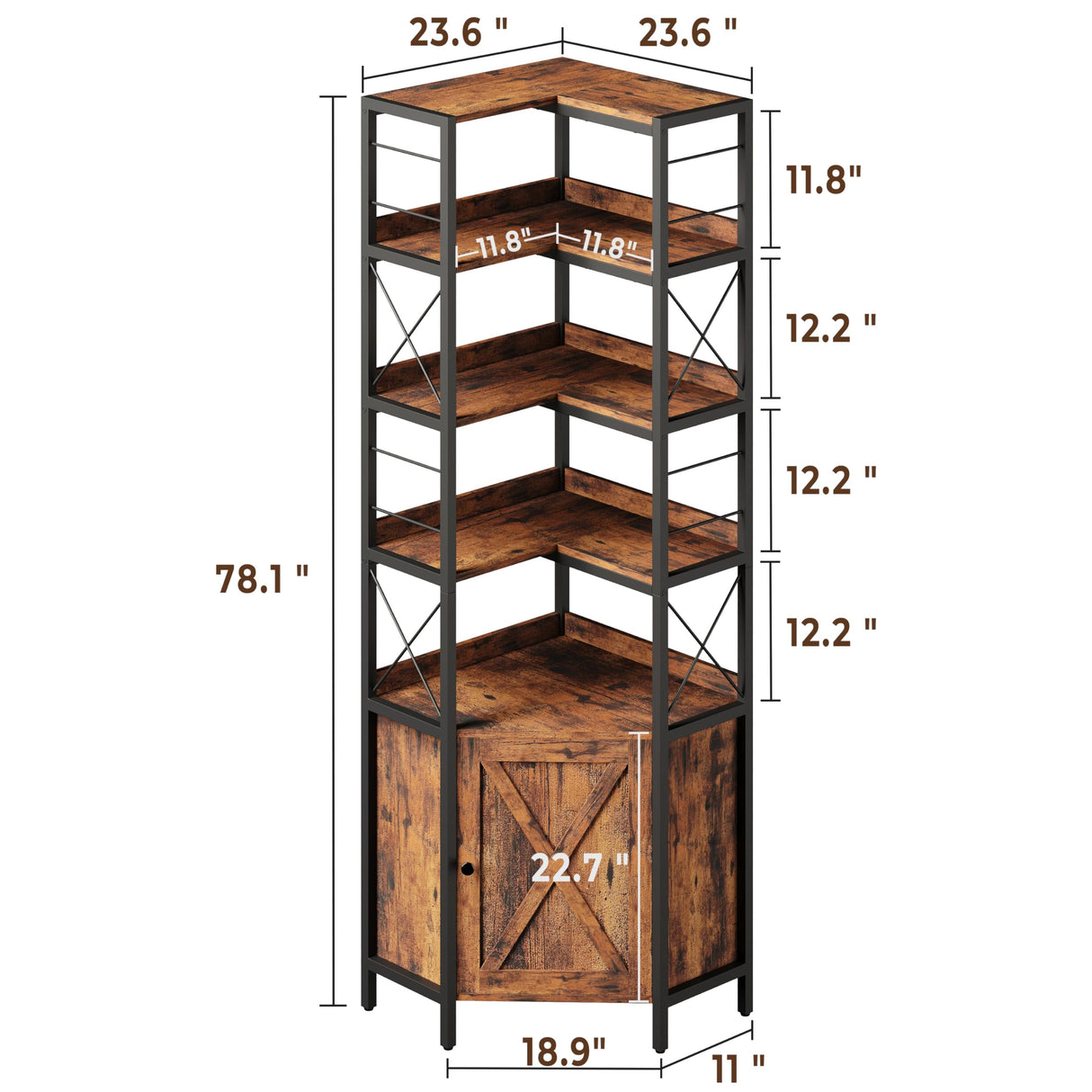 IRONCK Bookshelves 5 Tiers, Corner Bookshelf with Baffles, Bookcase and Bookshelf with Doors, Industrial Display Bookshelves for Living Room, Kitchen IRONCK