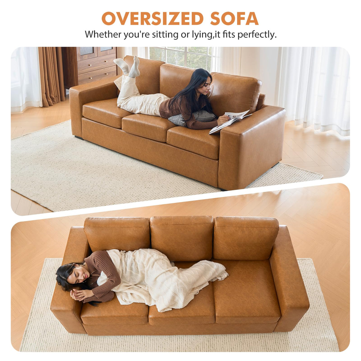 ELUCHANG 85" Luxury 3 Seater Sofa Couch for Living Room, Modern Upholstered Faux Leather Sofas Couches with Extra Deep Seats&Removable Cover, Comfy Sofa Couch for Small Space Apartment Lounge, Brown ELUCHANG