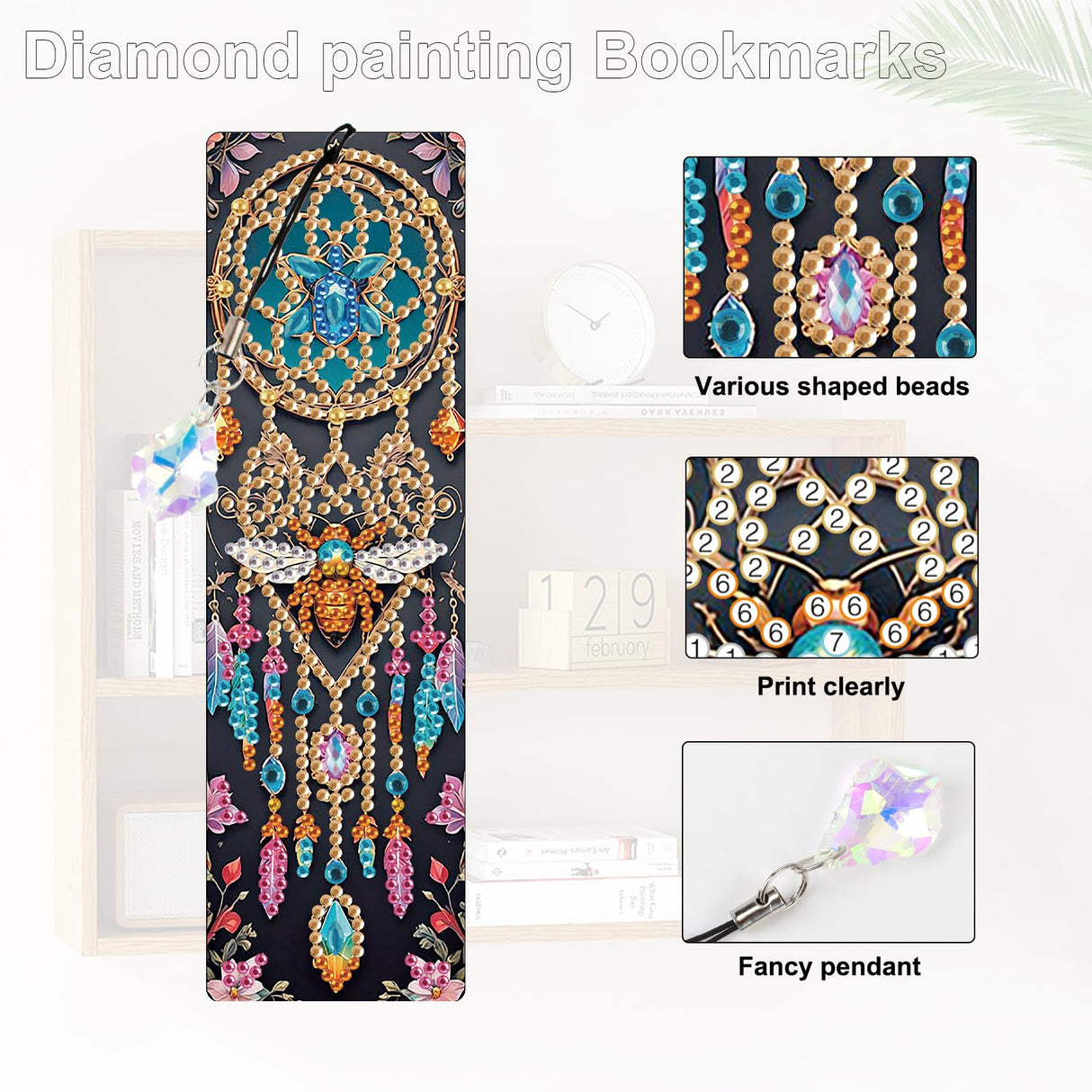 MVVMTOP 4pcs 5D Diamond Art Painting Bookmarks with Crystal Pendant, DIY Dreamcatcher & Bees, Pecial Shape Crystal Diamond Partial Art Bookmarks for Book Lovers MVVMTOP