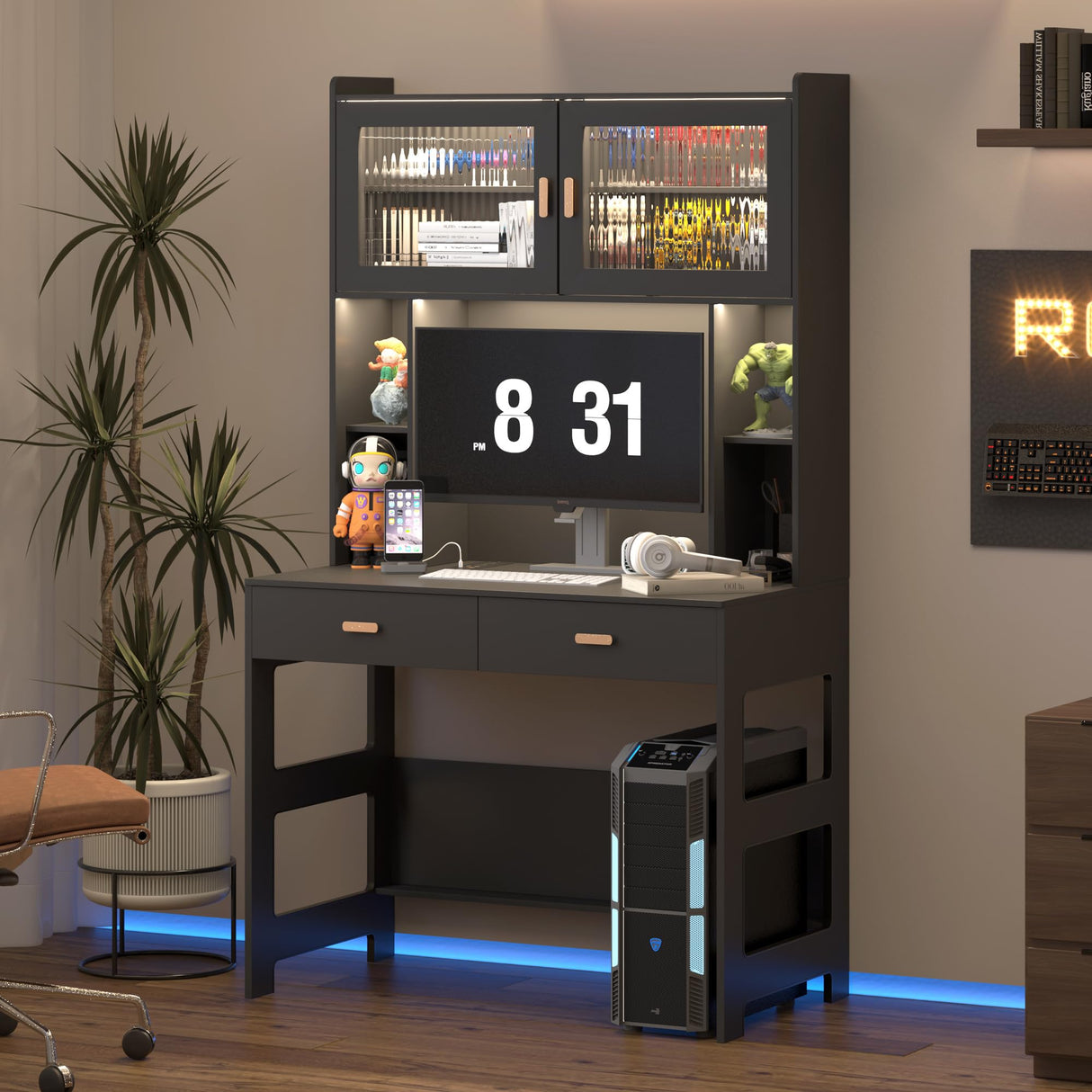 LVSOMT Home Office Desk with Hutch, Modern Computer Gaming Desk with LED Lights & Power Outlets, Black Study Table with Storage Shelves, Teen Writing Desk for Bedroom, 40'' W LVSOMT