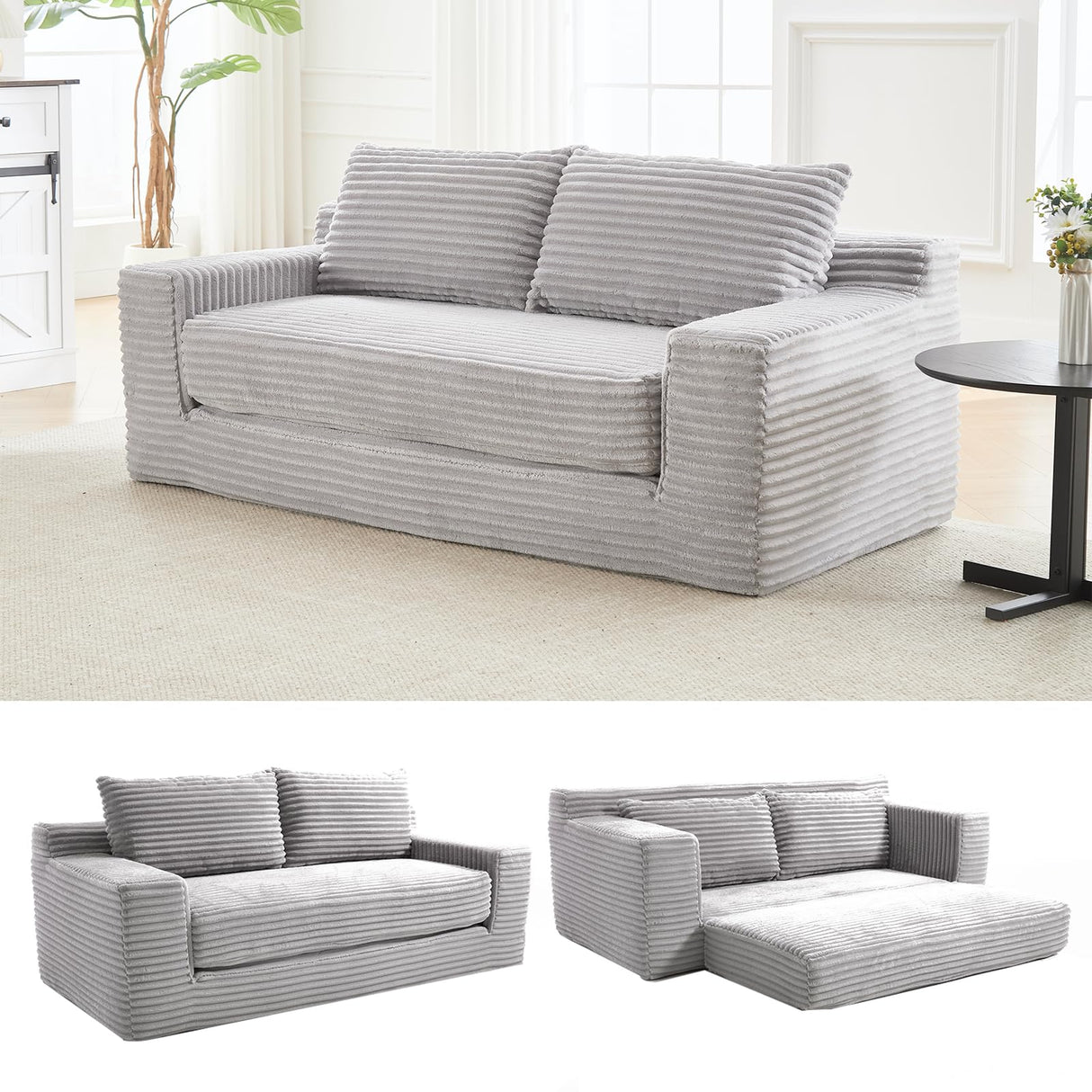 70.87" Cloud Loveseat Sofa, Boneless Corduroy Loveseat Couches, Sofa in a Box, 2 Seater Deep Seat Couch with Convertible Sofa Bed for Apartment, Office, Living Room, No Assembly Required (Light Grey) atosela