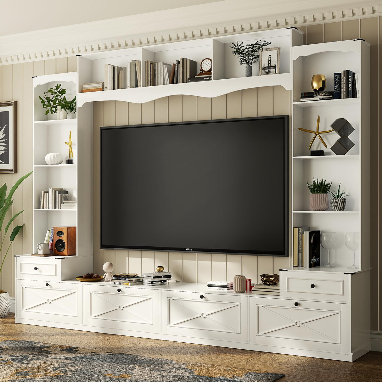 Loomie 104" W Wall Unit TV Stand with Storage for TVs up to 80", Large Farmhouse Wall Unit Entertainment Center with Bridge & Bookshelves, Tall TV Console Table Media Center for Living Room (White) Loomie