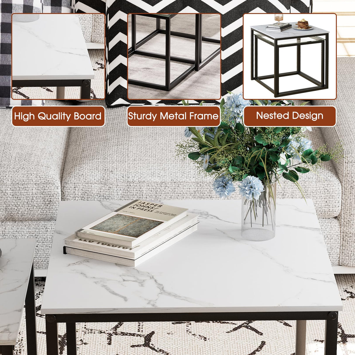 VILAWLENCE Coffee Table Set of 2, Modern Black Wooden Side Table, Metal Frame Square End Table, Center Tables,Nesting Coffee Table for Living Room,Bedroom and Small Spaces VILAWLENCE