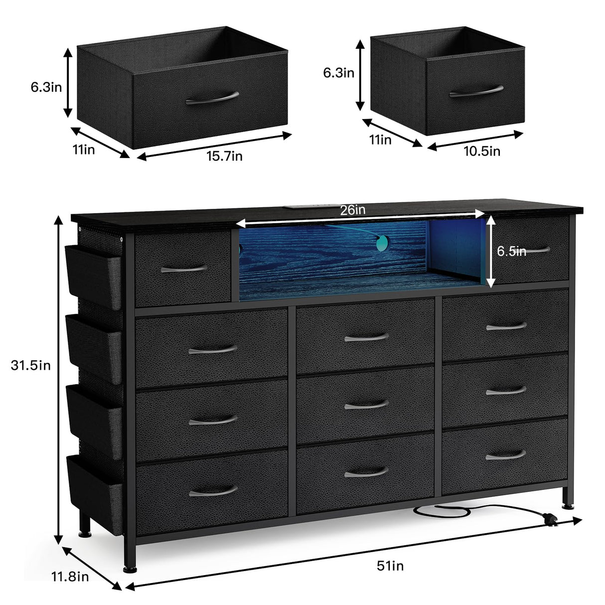 YGEOMER Black Dresser for Bedroom with Power Outlets and LED Lights 11 Drawers with Side Pocket, Fabric Drawers with PU Finish, Frame & Wood Top for 60inch TV Long Dresser Storage Organizer YGEOMER