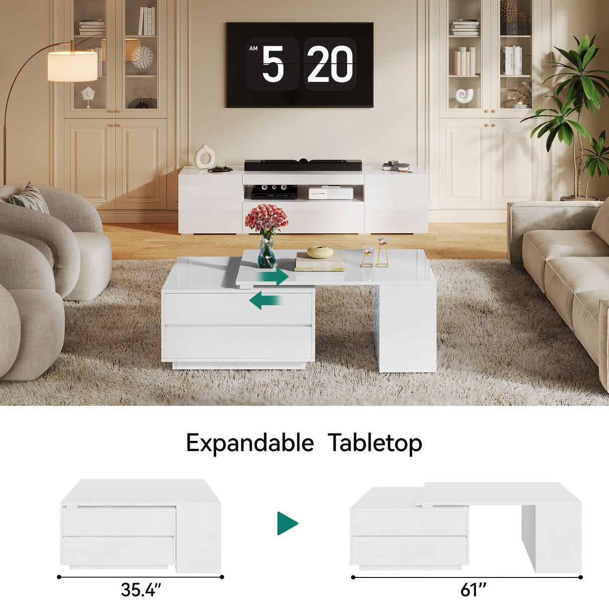 YITAHOME LED Coffee Table with Storage 4 Drawers, Modern Coffee Tables for Living Room, Wooden Rectangle Extendable Center Table with Open Shelves & Sliding Tabletop 35"- 61" for Home Office, White YITAHOME