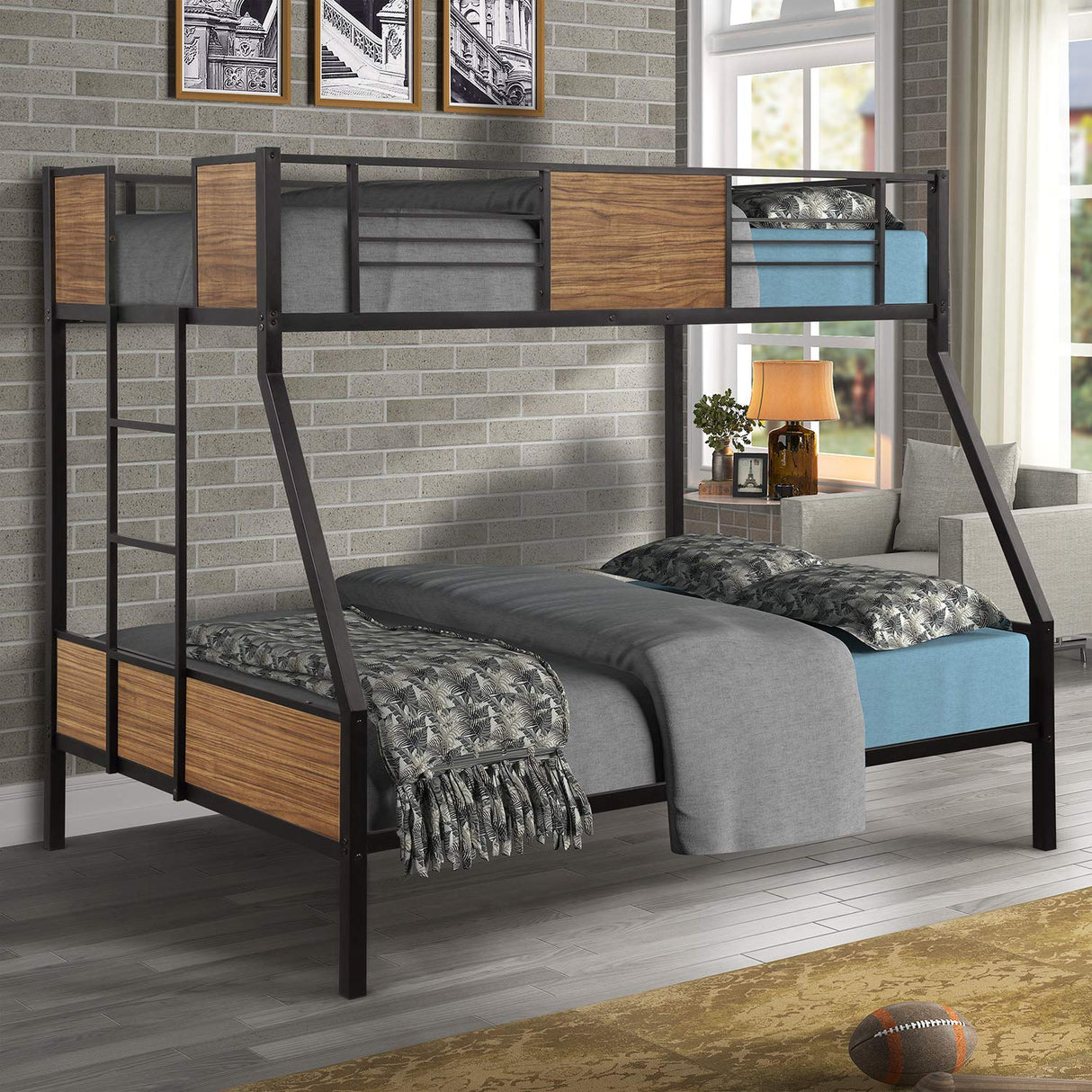 Twin over Full Metal Bunk Bed, Modern Style Heavy-Duty Steel Frame Bunk Bed with Safety Rail, Built-in Ladder for Bedroom, Dorm, Boys, Girls, Adults (Black + Brown) Bellemave
