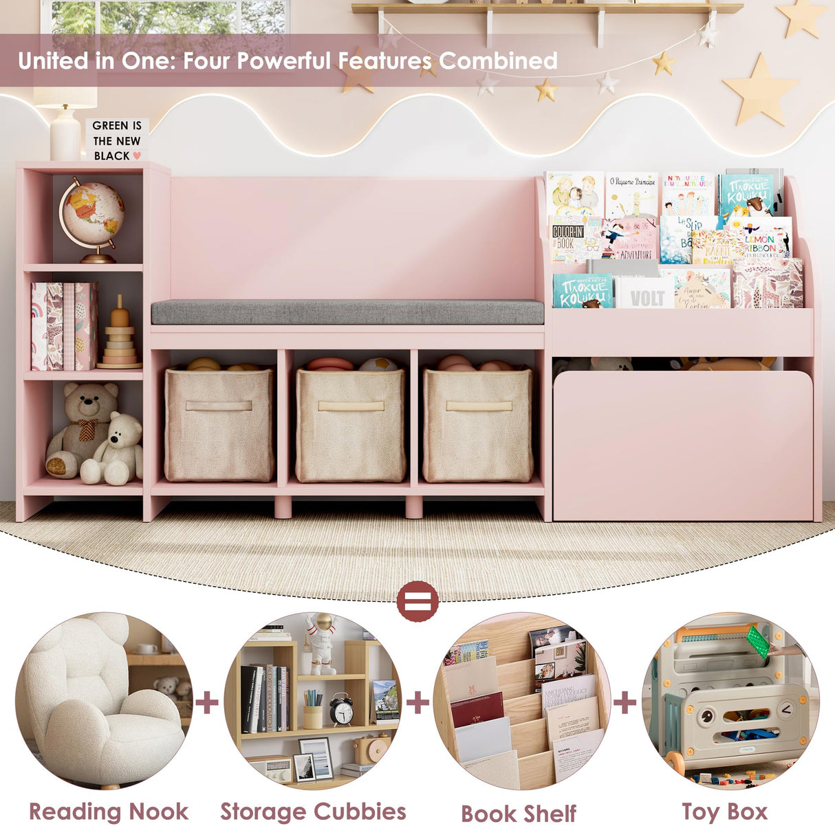 HOSTACK 67" Pink Kids Reading Nook with Bench, Bookshelf, Cushioned Seat & 6 Storage Cubbies HOSTACK
