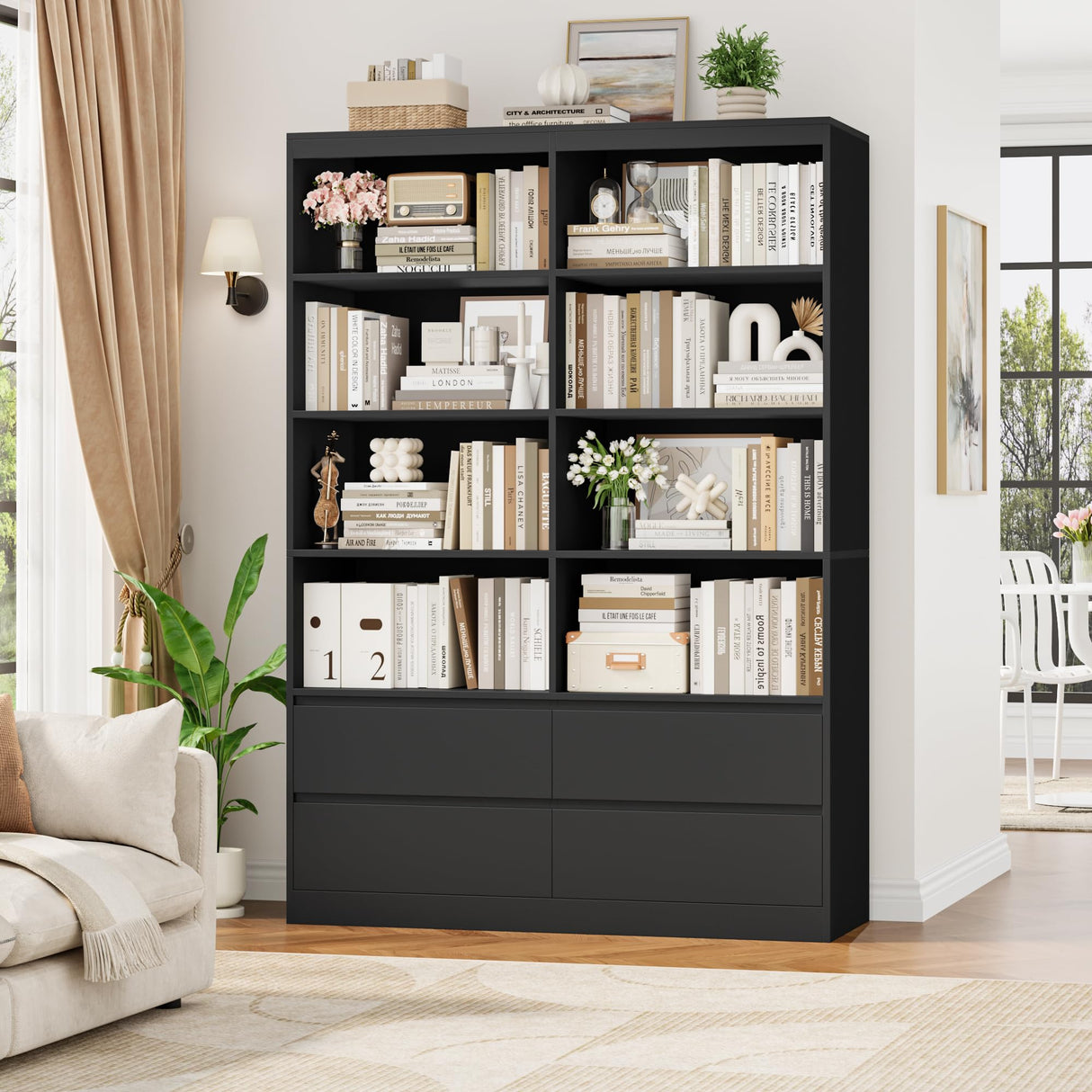 FINETONES 71" Black Bookshelf with Drawers, 47.3" Double Wide Bookshelves and Bookcases with Storage, Tall Bookshelf Large Open Book Shelf Standing Book Case for Home Office, Black FINETONES
