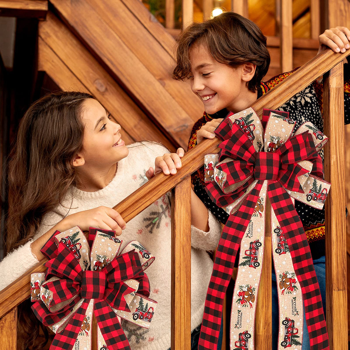 MTSCE Christmas Tree Topper, 57x 13 Inches Handmade Buffalo Plaid Christmas Decorations, Red Black Christmas Bow Topper, Rustic Farmhouse Xmas Decorations Home Decor MTSCE