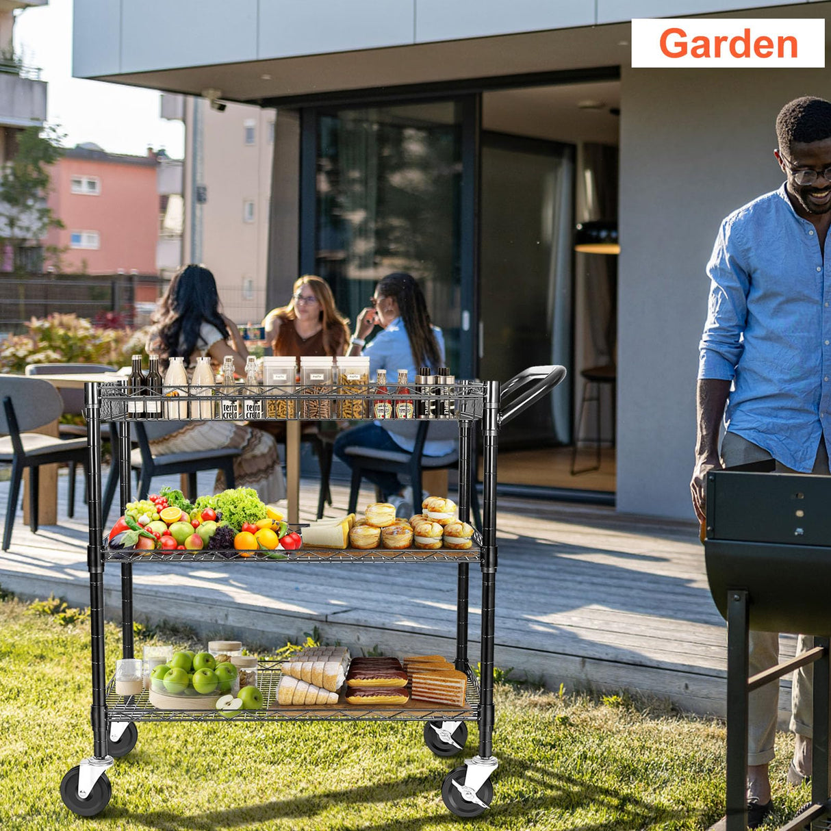 BolDuck Heavy Duty Utility Cart on Wheels,990Lbs Capacity 3 Tier Rolling Carts with Wheels,Kitchen Cart on Wheels with Storage,Commercial Grade Metal Serving Cart with Wire Shelving &Handle Bar,Black BolDuck