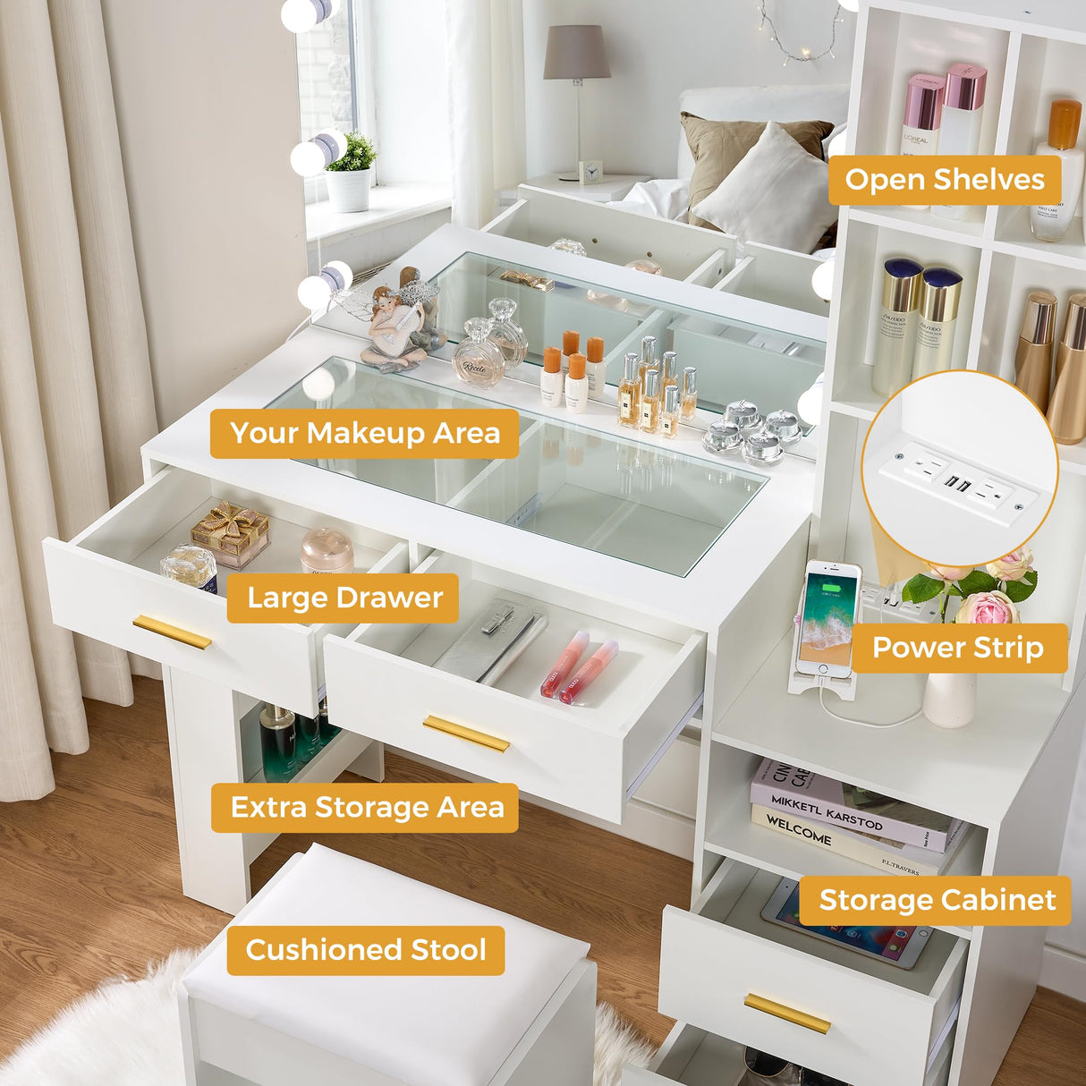 BEWISHOME White Vanity Desk with Mirror and Lights,Vanity with Glass Top,Makeup Vanity Set Makeup Desk Dressing Table,Vanity Table with Charging Station,Drawers,Nightstand,Makeup Table Vanity FST28W BEWISHOME