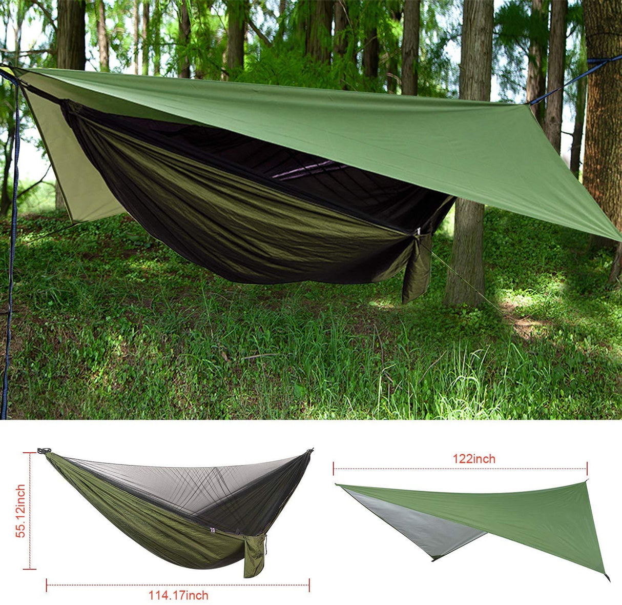 FIRINER Camping Hammock with Rain Fly Tarp and Mosquito Net Tent Tree Straps, Portable Single Double Nylon Parachute Hammock Rainfly Set for Backpacking Hiking Travel Yard Outdoor Activities Green FIRINER