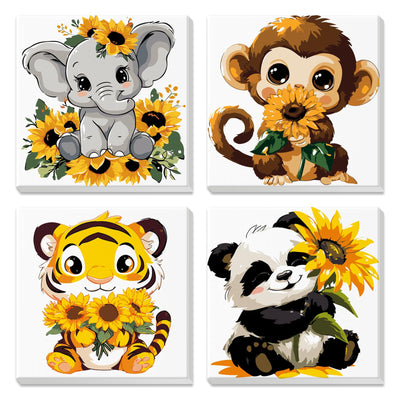 4 Pack Paint by Number for Kids with Wooden Frame, Cartoon Paint by Numbers for Kids Ages 8-12, Elephant, Monkey, Tiger, Panda, DIY Acrylic Oil Painting for Beginners for Home Wall Decor 8X8 inch