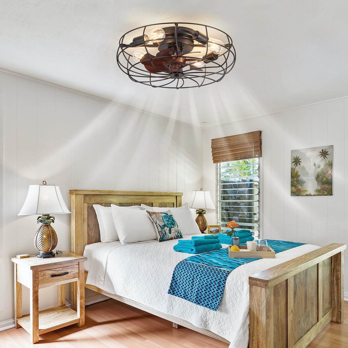 LEDIARY 20" Caged Ceiling Fans with Lights and Remote, Flush Mount Bladeless Ceiling Fan Low Profile, Small Farmhouse Industrial Enclosed Ceiling Fan with Light for Bedroom, Kitchen, Indoor LEDIARY