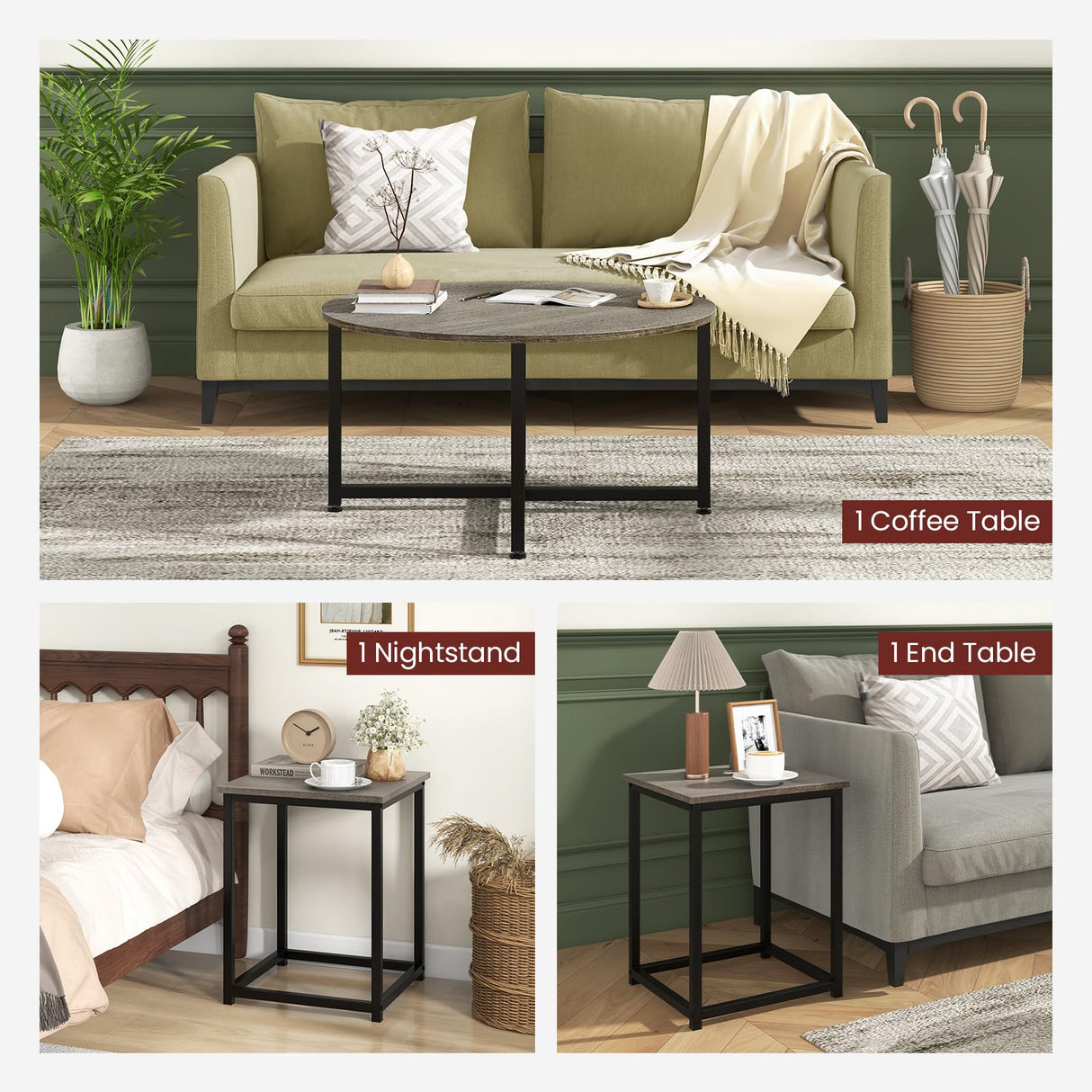 Giantex Round Nesting Table Set of 3, Farmhouse Coffee Table w/2 End Tables, Sturdy Metal Frame, 3-Piece Wooden Living Room Table Set for Home Office, Apartment (Black Oak) Giantex