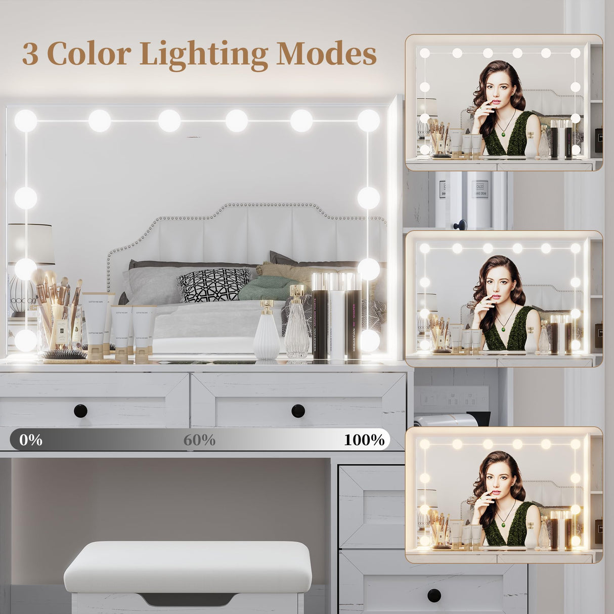 Diwnnue Farmhouse Mirror Large Vanity Desk with LED Bulbs, Makeup Vanity Table Set with Glass Tabletop, Charging Station & Power Outlet, Adjustable Lighting Modes, Bedroom, White Diwnnue