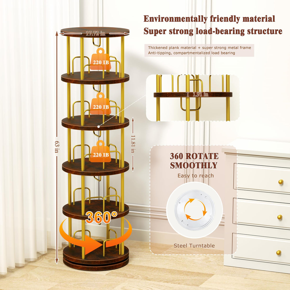 5-Tier Rotating Bookshelf, 360° Swivel Spinning Bookcase Tower - Stackable Narrow Corner Storage Organizer, Tall Floor Standing Display Shelf for Living Room, Bedroom, Office (Gold ) Generic