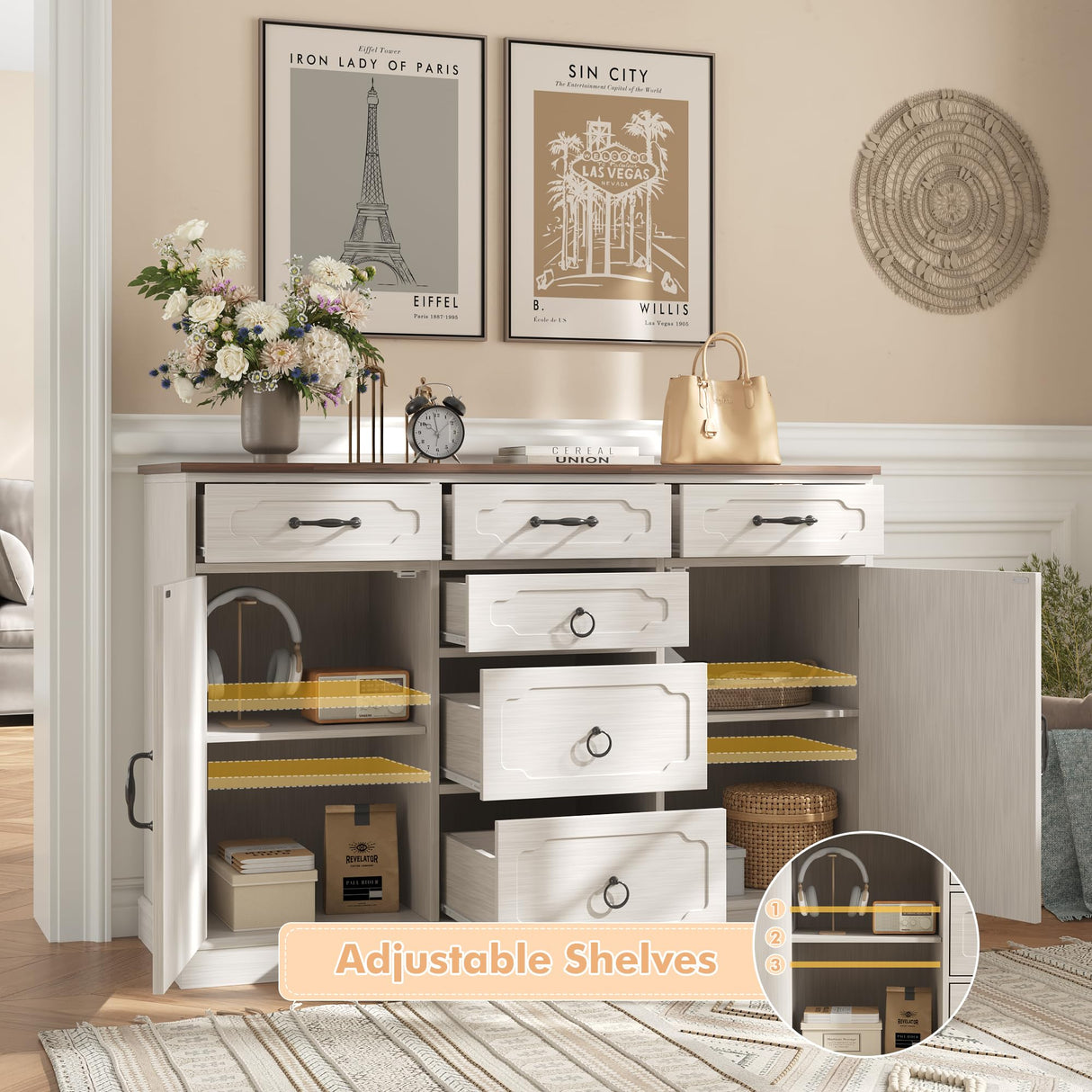 Maupvit Buffet Cabinet, Sideboard Cabinet with 2 Doors and 6 Drawers, Modern Farmhouse Buffet Table with Storage & Adjustable Shelves for Kitchen, Coffee Bar Table for Dining, Living Room (White) Maupvit