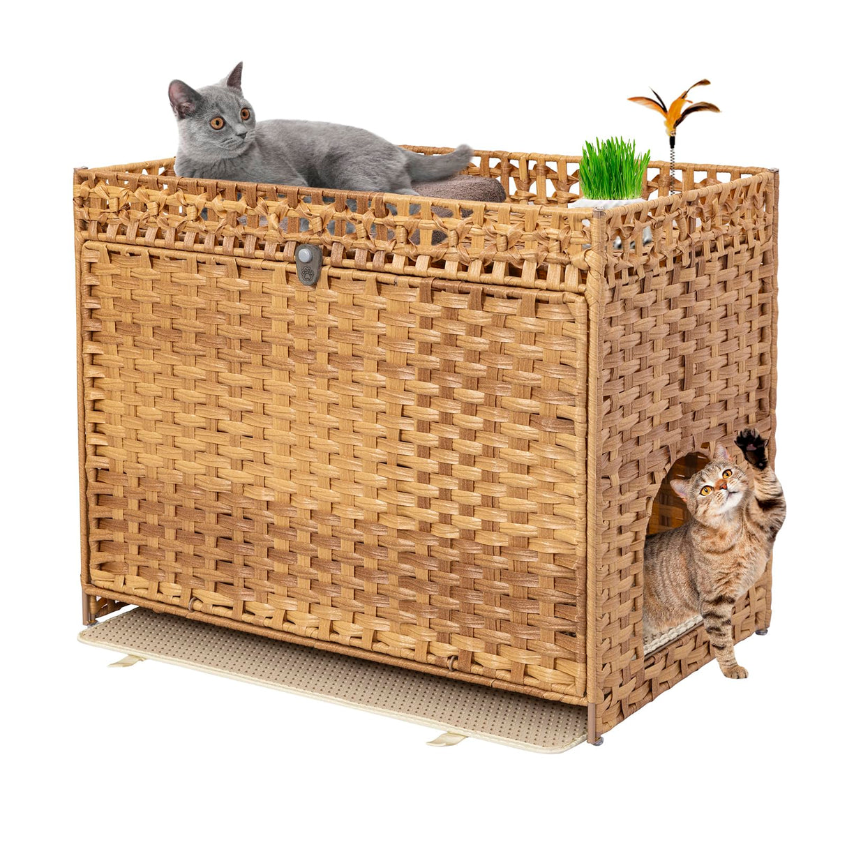 Cat Litter Box Enclosure Furniture Hidden with Soft Mat,Handwoven Rattan Cat House with Door for Large Cats Stylish Hidden Washroom Furniture for Living Room, Bedroom, or Balcony,Natural KOUSEI