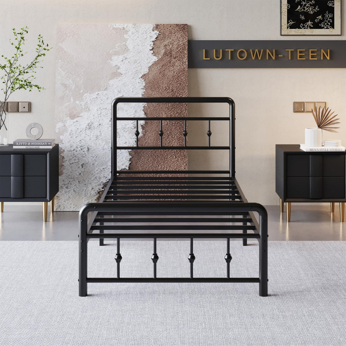 Lutown-Teen 12 Inch Twin XL Bed Frames with Victorian Vintage Headboard and Footboard, No Box Spring Needed, Heavy Duty Metal Mattress Foundation, Noise Free, Easy Assembly, Black Lutown-Teen