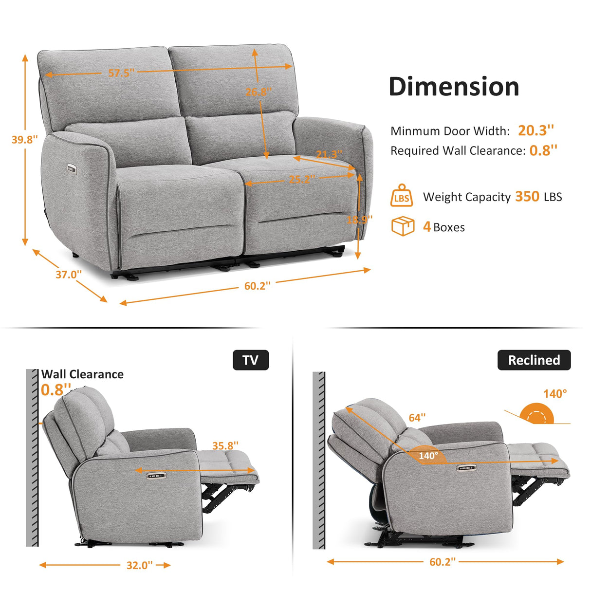 MCombo 60" Wall Hugger Power Loveseat Recliner Sofa with Adjustable Headrest, RV Reclining Loveseat with USB and Type C Charge Ports for Living Room 6924 (Light Grey) MCombo