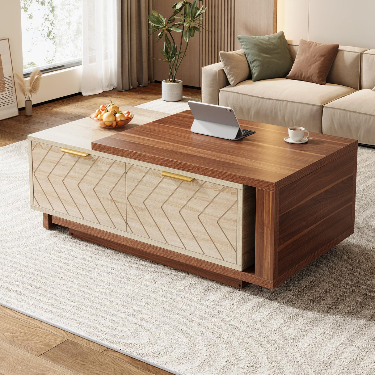 Tribesigns Adjustable Extendable Coffee Table with 2 Drawers, 42"-65" Length Reversible Center Table Storage for Living Room with for Living Room (Walnut & Oak) Tribesigns