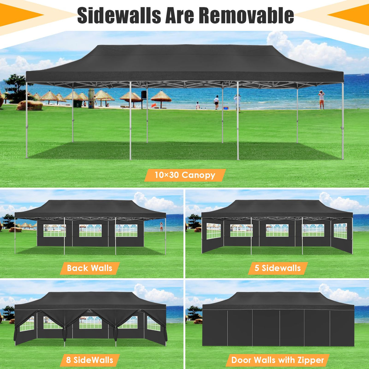 HOTEEL Tents for Parties 10x30 Pop Up Canopy Tent Heavy Duty with 8 Sidewalls, Commercial Party Tent Event Wedding Instant Canopy Waterproof with Carry Bag, UV 50+, Thicked Hexagonal Legs, Black Hoteel