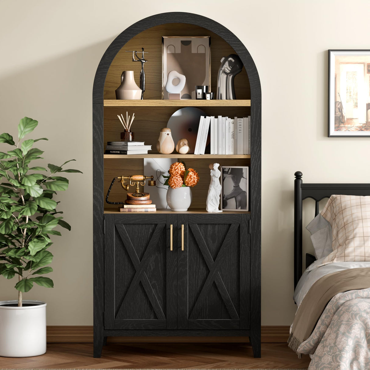 infurnic Arched Storage Cabinet with Beech Wood Door, 5-Tier Display Cabinet, Farmhouse Buffet Cabinet with Storage – Perfect for Dining Room, Living Room, Kitchen, or Home Office infurnic