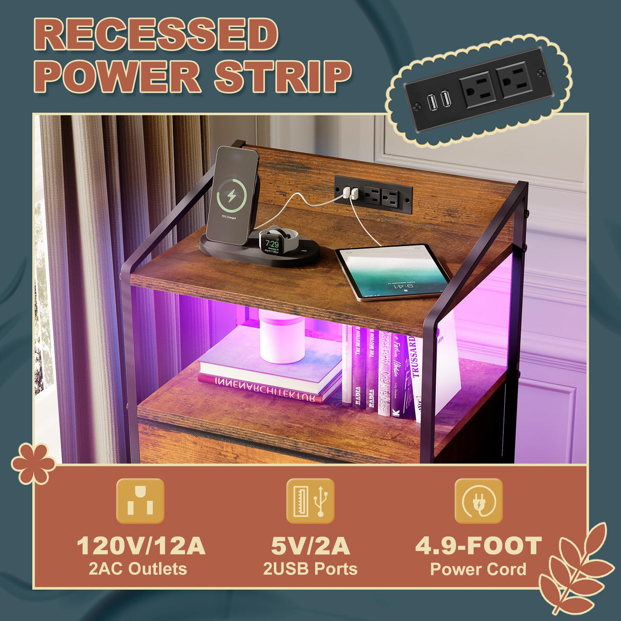 EKNKOZY Nightstand 5 Drawer Dresser with LED Lights and Charging Station, Vertical Side Table with Fabric Drawers, End Table with Open Shelf, Tall Dresser for Bedroom, Hallway, Entryway, Rustic Brown EKNKOZY