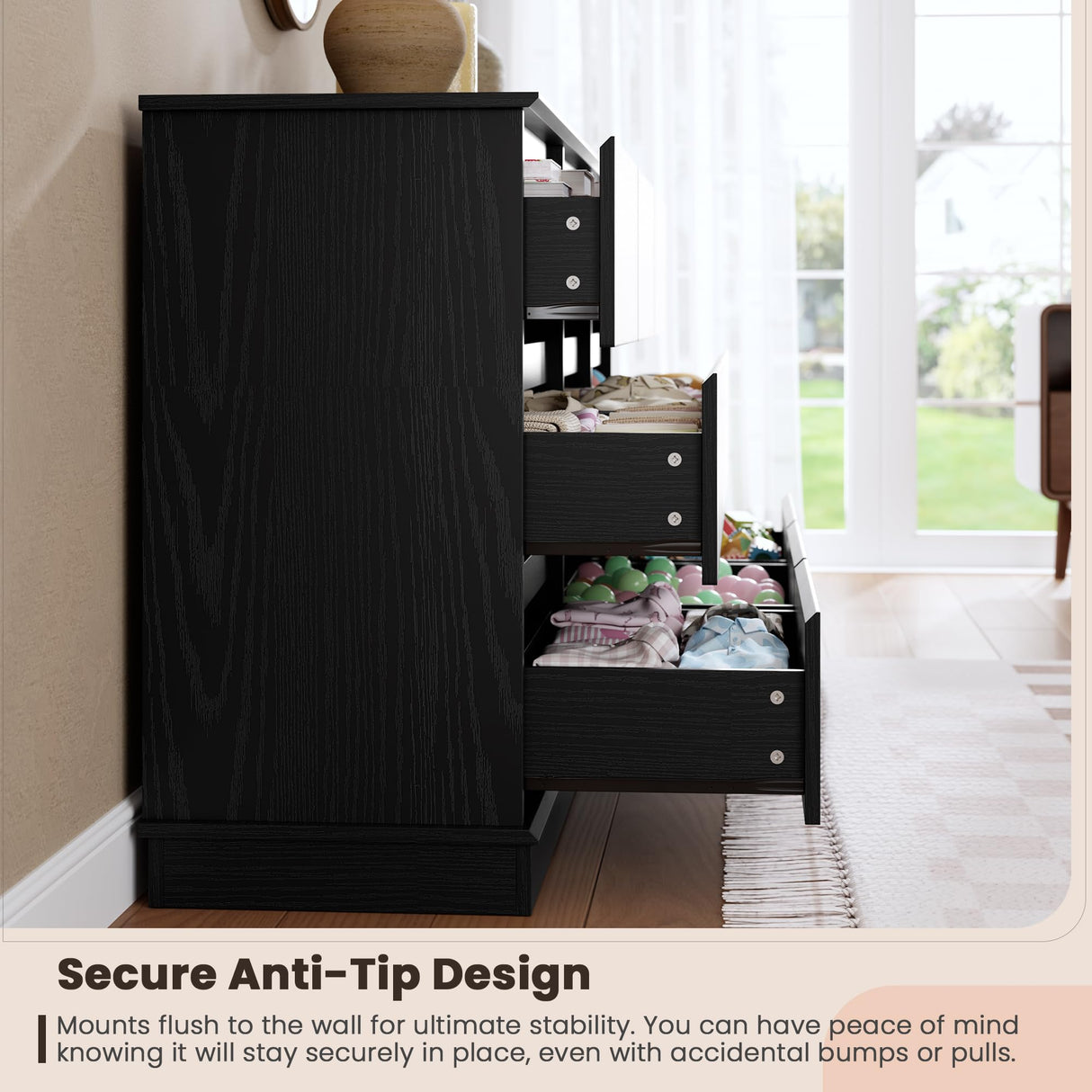 GarveeHome 9 Drawer Dressers for Bedroom, Chest of Drawers with Deep Drawers, Large Double Dresser for Closet with Wide Top, Horizontal Wooden Dresser for Living Room, Hallway, Kids Room, Black GarveeHome