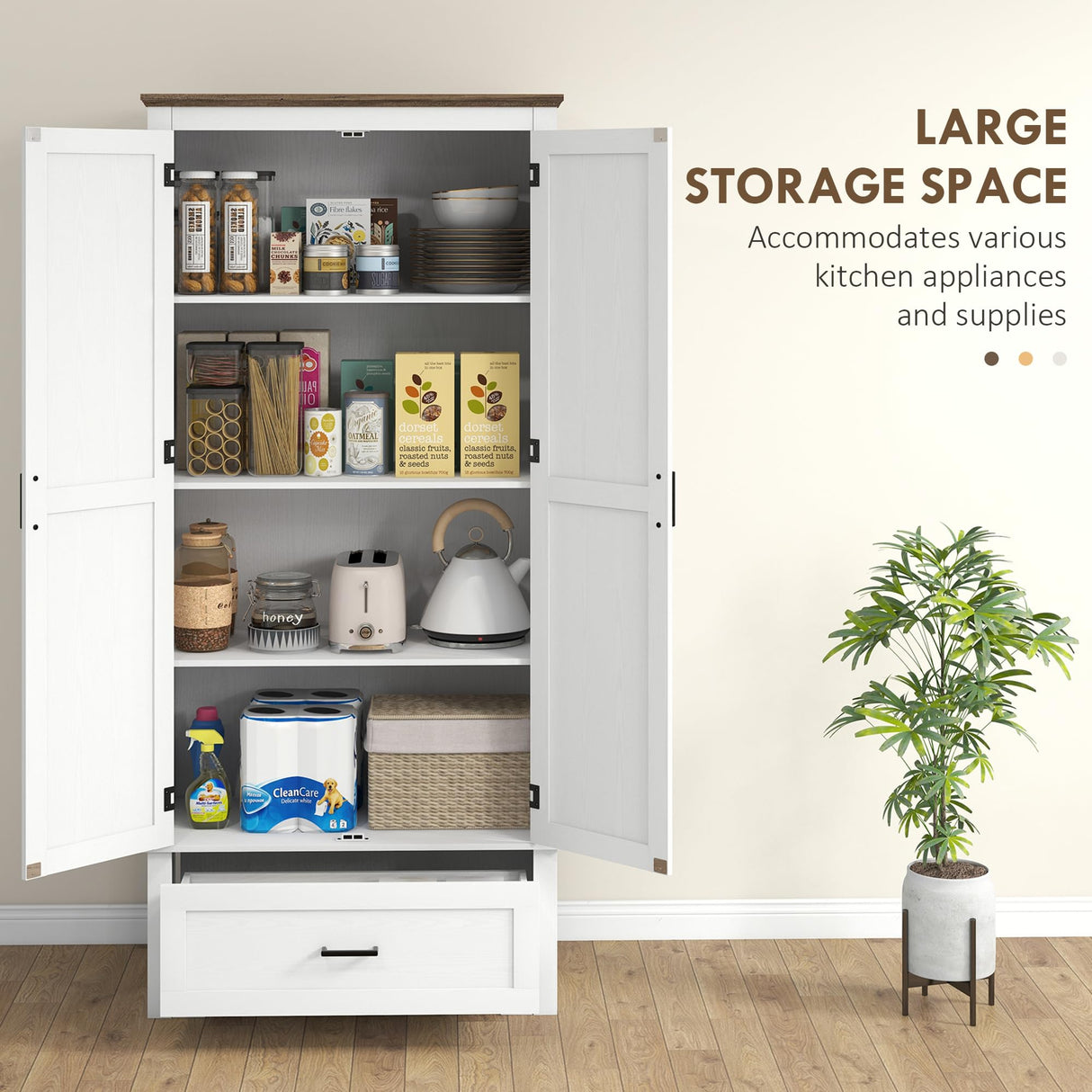 HOMCOM 69" Tall Kitchen Pantry Storage Cabinet, Farmhouse Freestanding Pantry Cabinet with 2 Doors, Drawer and Adjustable Shelves, Cupboard for Dining Room, White HOMCOM