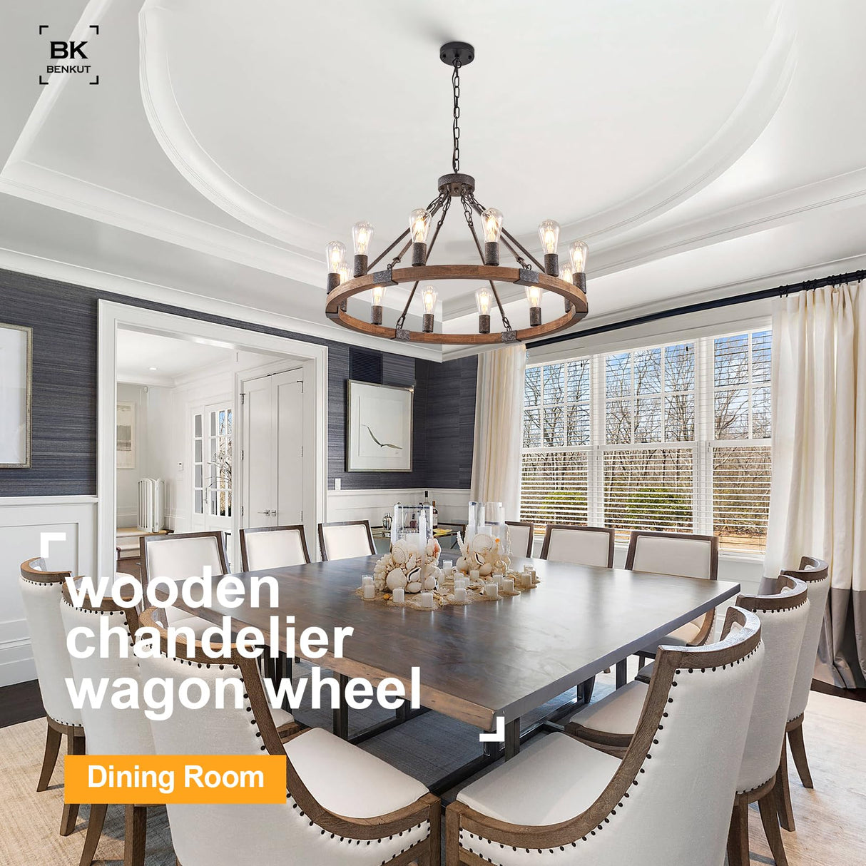 Benkut Farmhouse Wagon Wheel Chandelier 31" Black Rustic Light Fixtures 12-Light Wood Round Chandelier for Dining Room Living Room Entryway Foyer Benkut