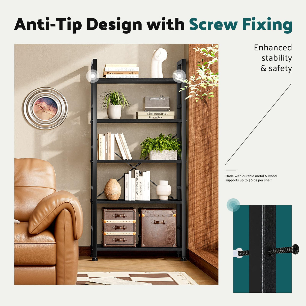 NEWBULIG Book Shelf 5 Tier Modern Bookcase Sturdy Metal Storage Organizer Books/CDs/Magazines Industrial Open Display Shelf for Bedroom Home Office Kitchen Living Room NEWBULIG