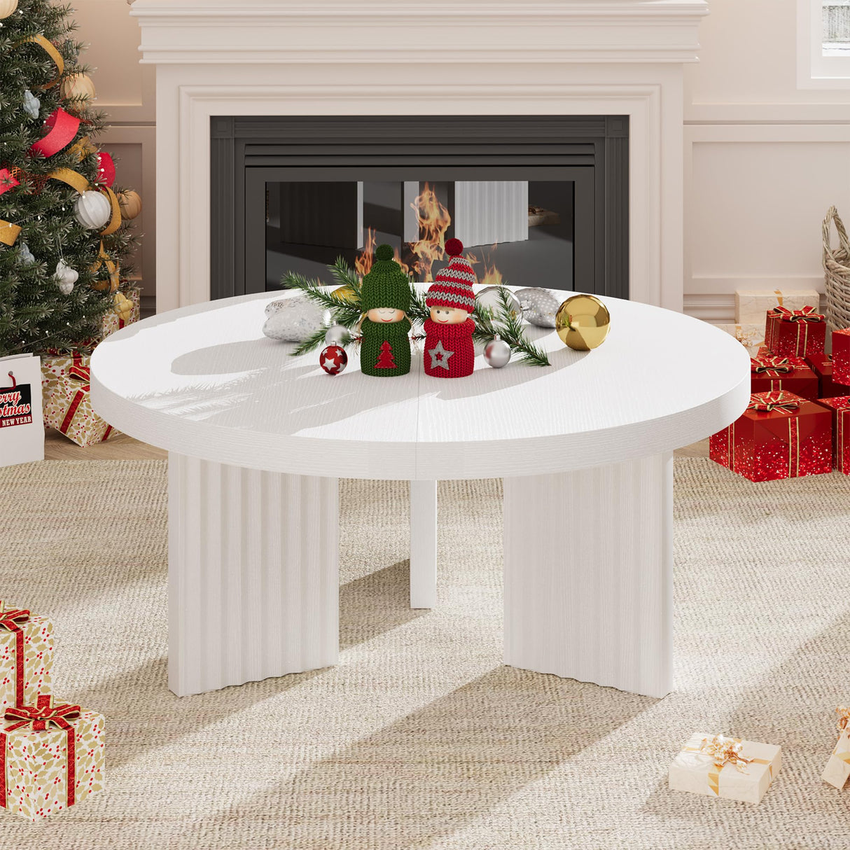 GarveeHome Round Coffee Table, Farmhouse Small Wooden Coffee Table with 3 Strong Legs, Easy Assembly, 33.5'' x 15.7'', White GarveeHome