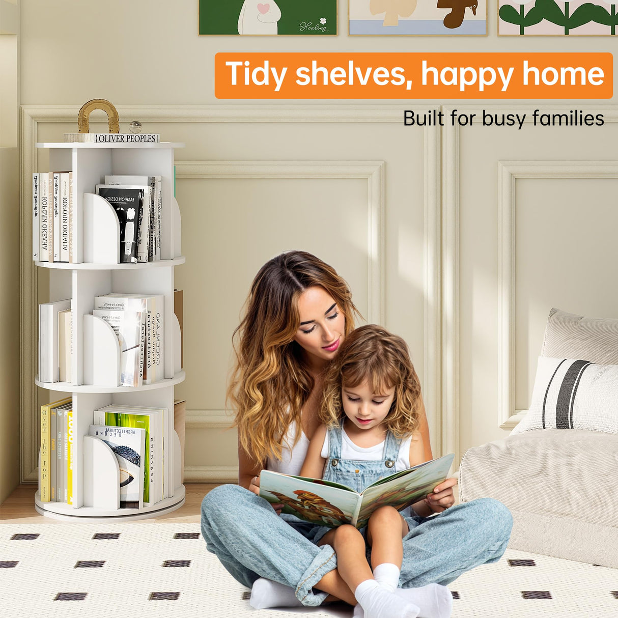 Cuzobro Rotating 3-Tier Bookshelf, 360° Spinning Corner Bookcase with Lazy Susan, White Space Saving Organizer for Study Room, Home Office, Kids Rooms, Bedroom, Adults & Kids Cuzobro